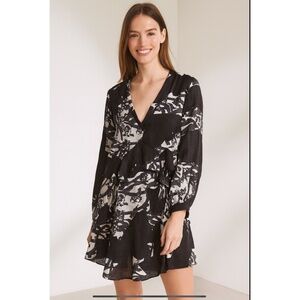 IRO PARIS ANDA PRINTED MINI DRESS RUFFLE WAIST LONG SLEEVE V NECK FEMININE 38-6